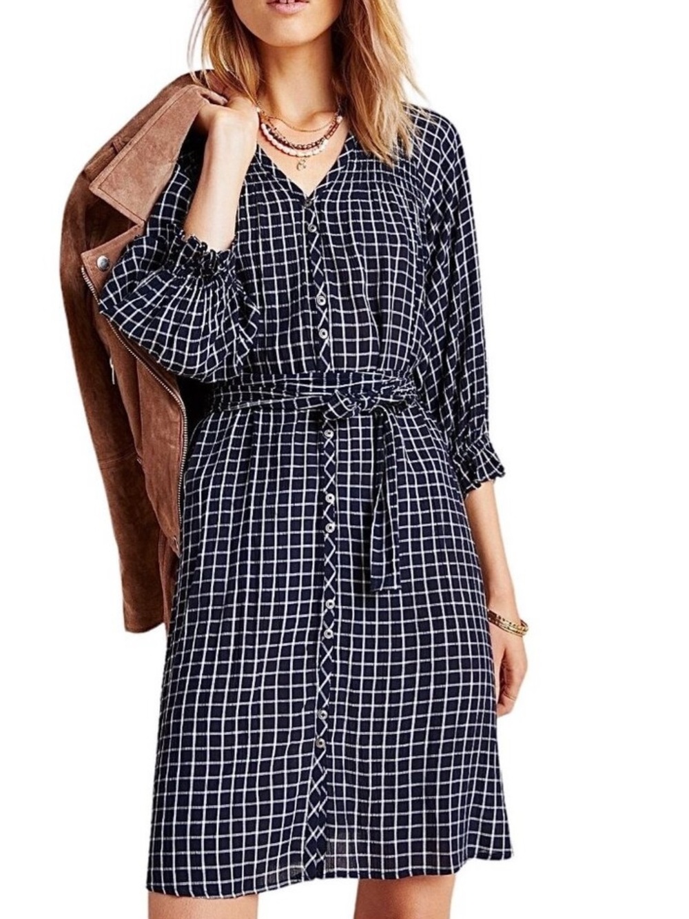 Anthropologie Maeve Sara Smocked Shirtdress in Navy Size XS NWT
